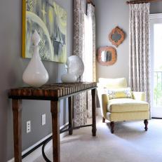 Transitional Gray Guest Room With Beautiful Wood Accents