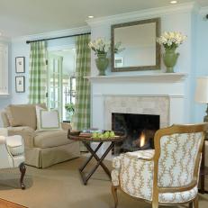 Blue Cottage Living Room With Green Plaid Curtains