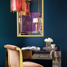 Mirrored Desk With Eclectic Pendant Light