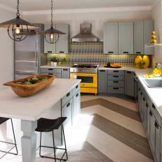 Modern Rustic Kitchen With Chevron Striped Floor & Striking Yellow Accents