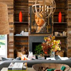 Rustic Wood Wall With Fireplace and Built-In Shelves