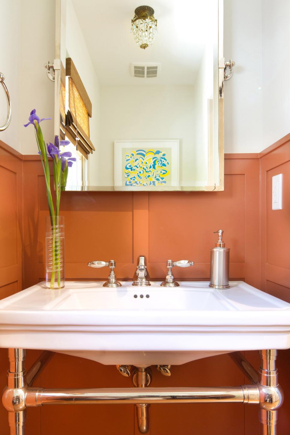 Small Bathroom With Chic Orange Wainscoting | HGTV
