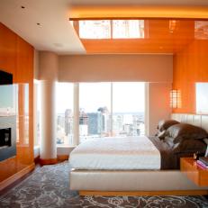Contemporary Orange Bedroom Boasts High-Gloss Anigre Millwork