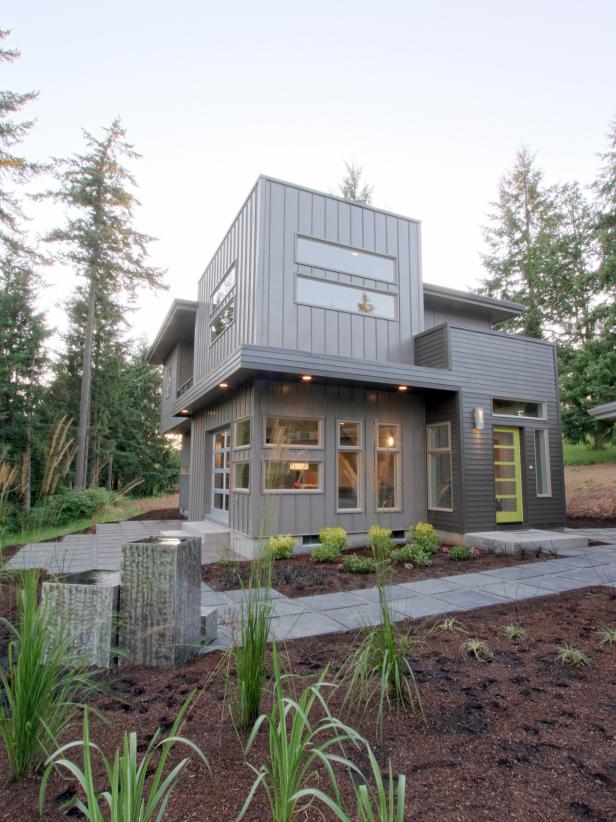 Modern Gray House Exterior With Lime Green Front Door