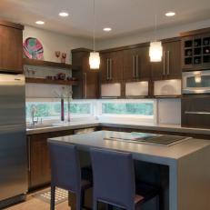 Midcentury Modern Kitchen With Dark Wood Cabinets & Concrete Island 