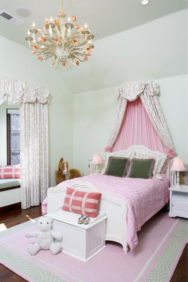 Traditional Light Green Girl's Room With Pink Bedding | HGTV