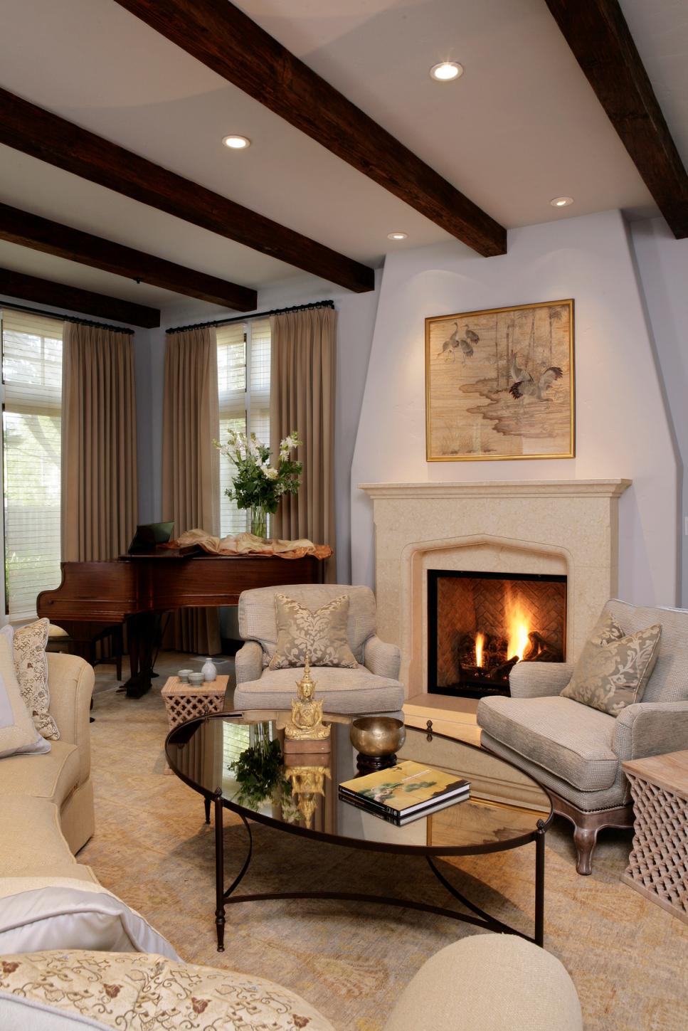 living ceiling beams wood dark traditional hgtv fireplace piano krag rise neutral