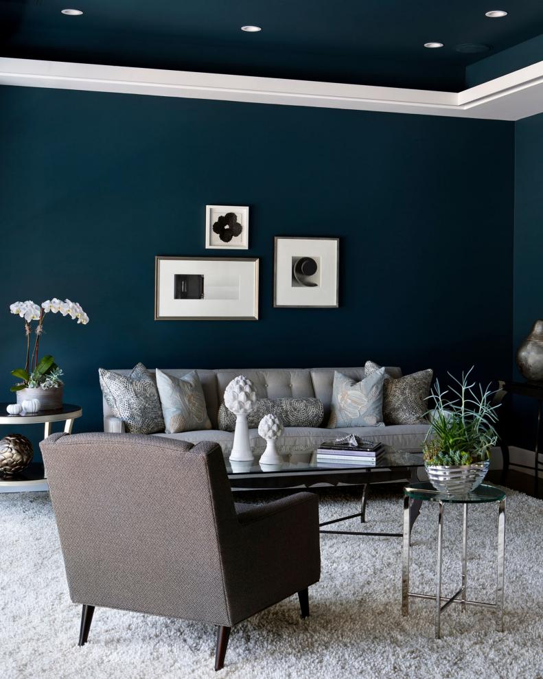 Contemporary Blue Living Room With Neutral Area Rug & Furniture