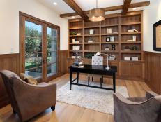 White Home Office With Exposed Beam Ceilings & Built-In Bookcase