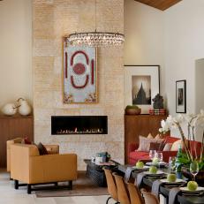 Zen-Inspired Dining and Living Room With Circular Chandeliers