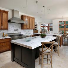 Contemporary Open Plan Kitchen With Marble Countertops