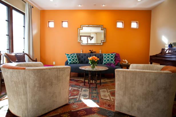 Moroccan Inspired Sitting Room With Bold Orange Wall Hgtv