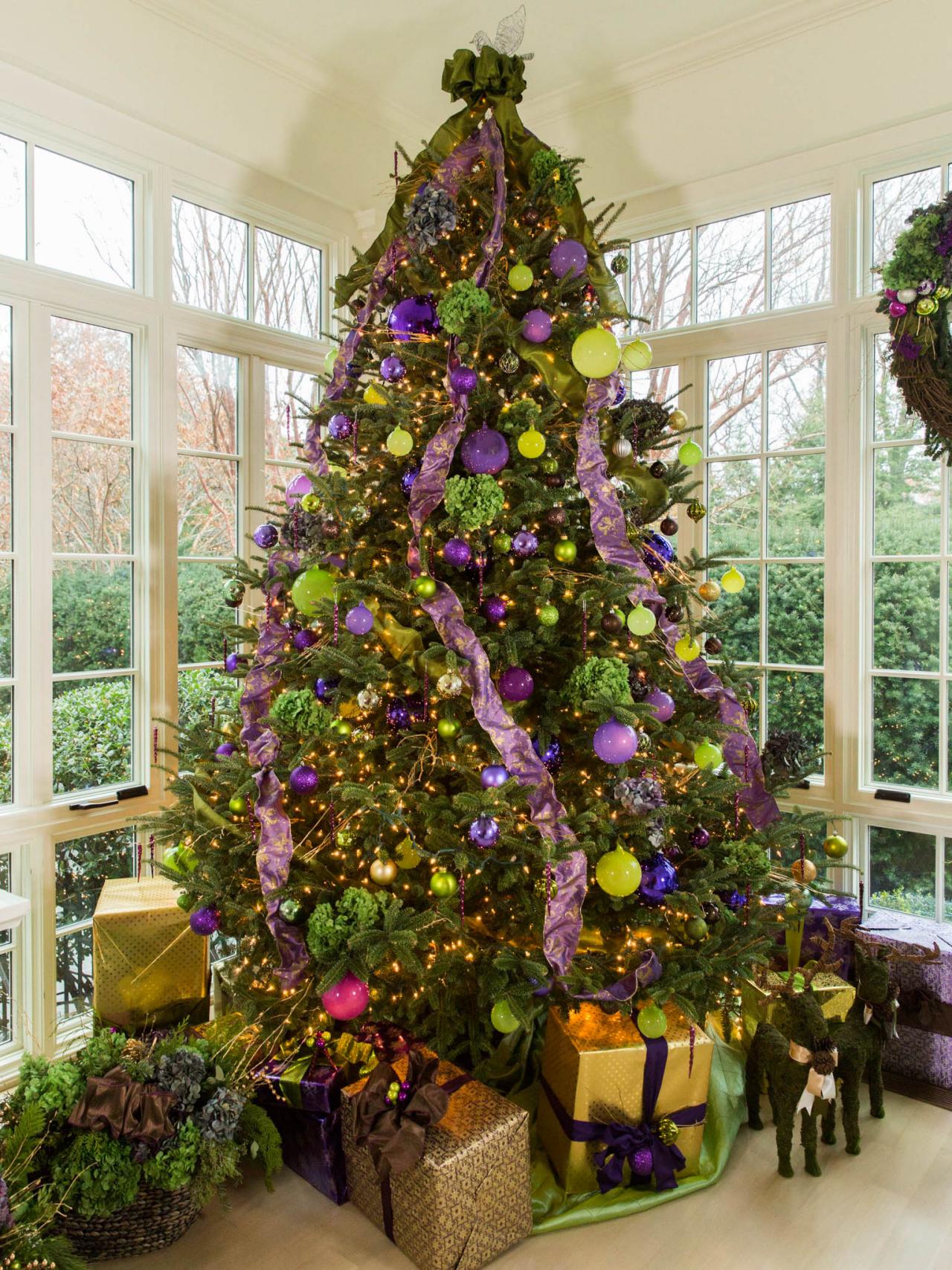 Purple And Green Christmas Tree In Sunroom Hgtv