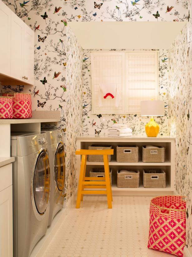 Laundry Room With Whimsical Butterfly Wallpaper