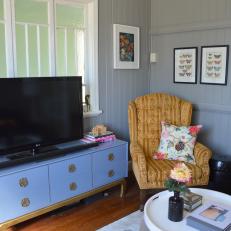 Periwinkle Media Console in Eclectic Gray Living Room
