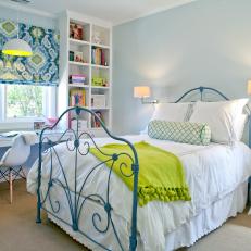 Transitional Girl's Room With Blue Iron Bed