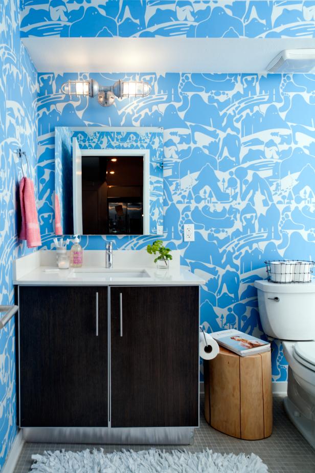 Blue Patterned Wallpaper in Small Bathroom