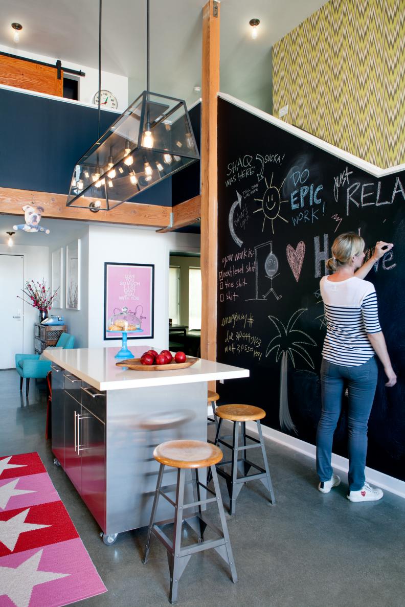 Multicolored Loft Kitchen With Chalkboard Wall