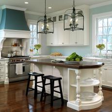 Blue Cottage Kitchen With Charming Lantern Pendants