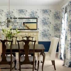 Traditional Dining Room With Blue Floral Wallpaper