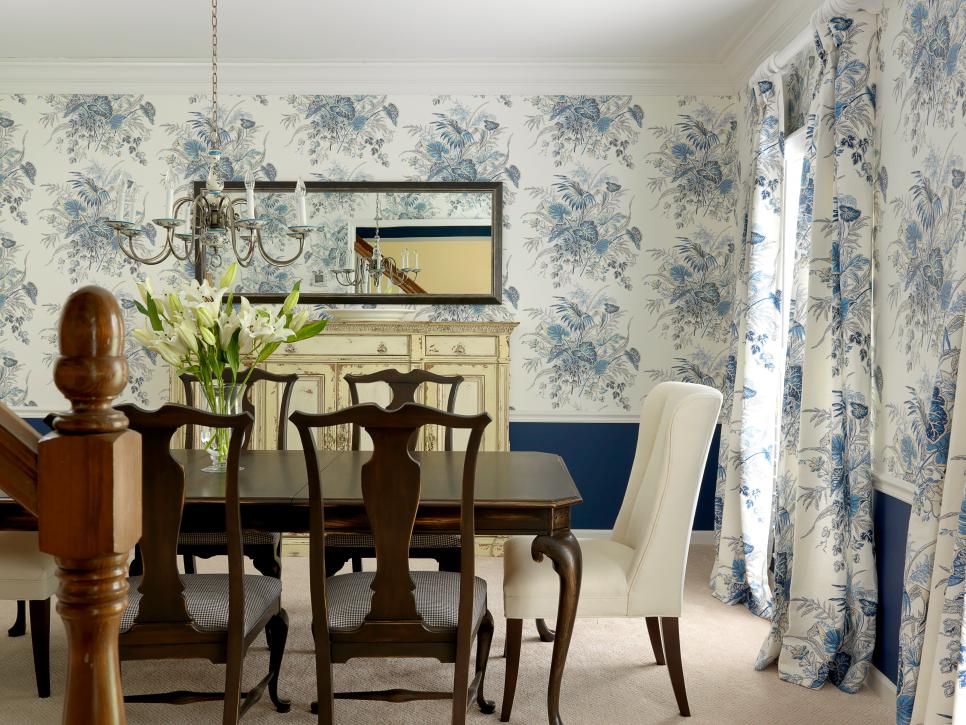 Traditional Dining Room With Blue Floral Wallpaper | HGTV