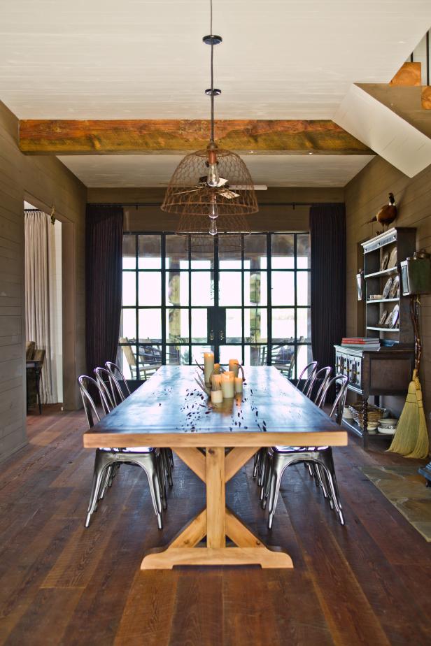 Industrial Farmhouse Dining Room With Wooden Table HGTV