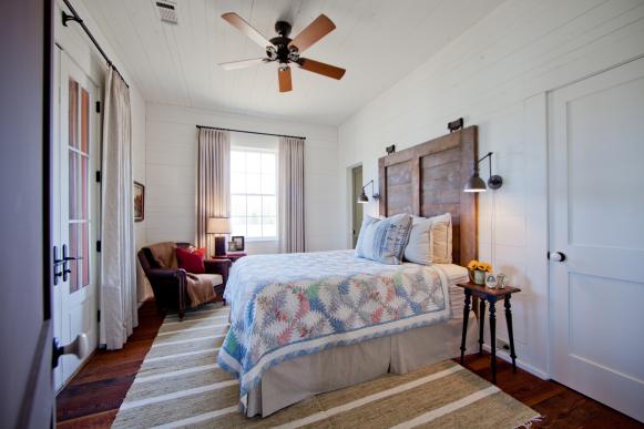 White Country Bedroom With Linen Curtains and Pastel Quilt