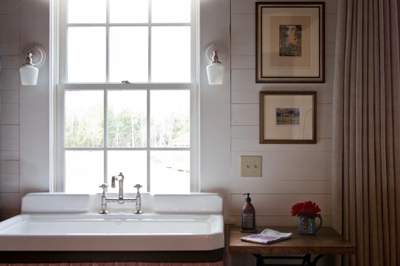 White Farmhouse Powder Room With White Sink