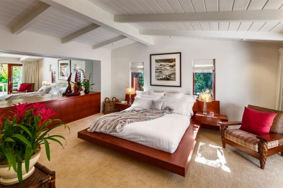 Asian White Bedroom With Cherry Wood Platform Bed