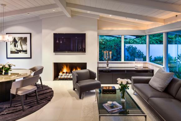 Gray and White Living Room With Gas Fireplace