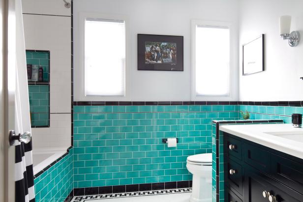 Bathroom With Teal Backsplash, Black Vanity, Two Windows