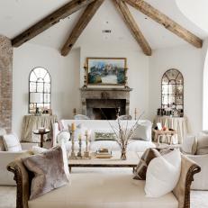 Elegant White Living Room Showcases Rustic Wood Beams