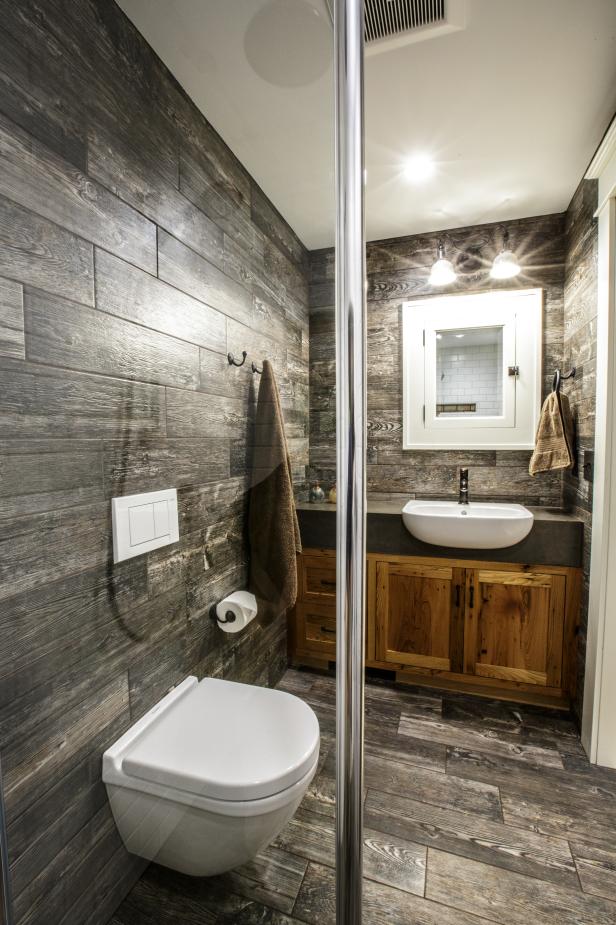 Dark Gray Rustic Bathroom With White Medicine Cabinet