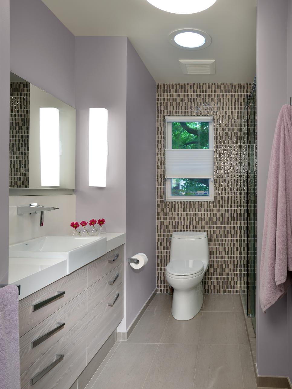 Contemporary Purple Bathroom With Tile Accent Wall | HGTV