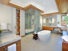 White Contemporary Double Vanity Bathroom With Wood Tray Ceiling 