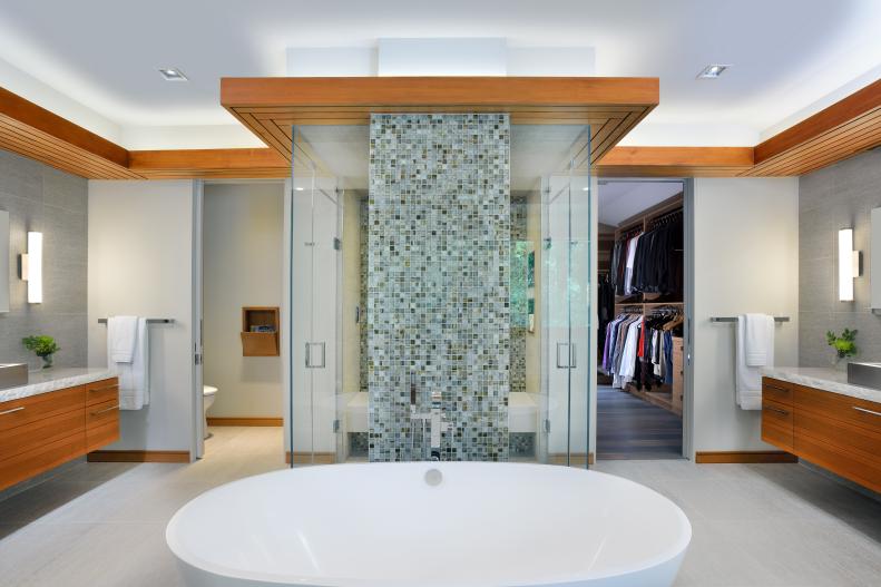 Gray Contemporary Double Vanity Bathroom With Shower & Bathtub