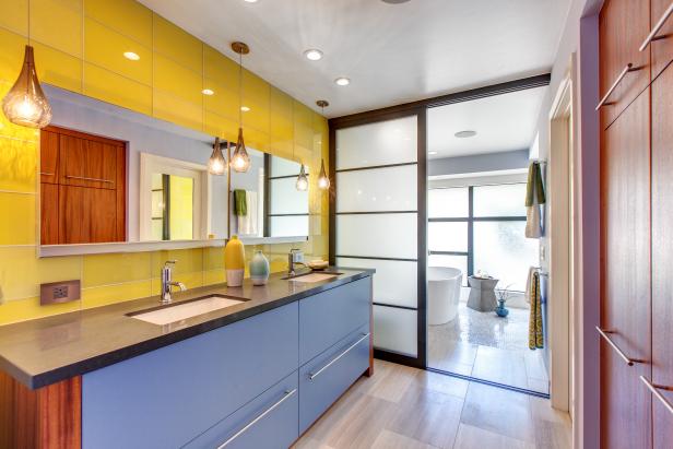 Bathroom with Yellow Tile Accent Wall