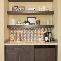 Master Bedroom Wet Bar and Thick Floating Shelves for Keepsakes