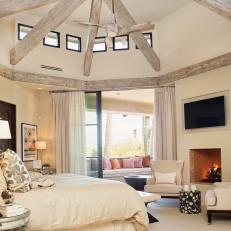 Transitional Master Bedroom Features Clerestory Windows & Soft Ivory Palette
