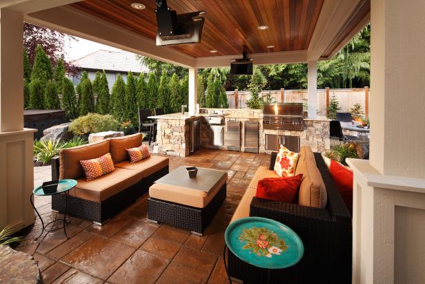 Covered Outdoor Kitchen With Sitting Area Wood Ceiling Hgtv
