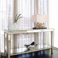 Modern Mirrored Console Table With Wooden Lamp