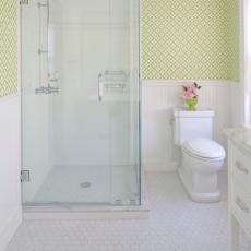 Transitional Bathroom With Graphic Green Wallpaper