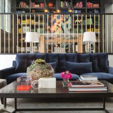 Modern Sunken Living Room With Blue Velvet Sofa