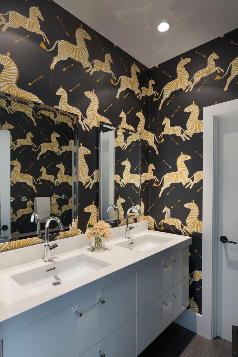 Modern Bathroom With Zebra Wallpaper and White Vanity