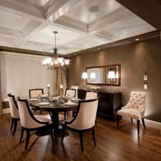 Formal Dining Room With Coffered Ceiling & Elegant Cream Dining Chairs 