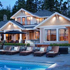 Exterior Backyard View of Beach House With Patio & Slate Pool Deck 