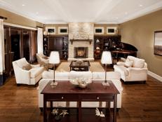 Elegant, Traditional Living Room With Stone Fireplace & Grand Piano