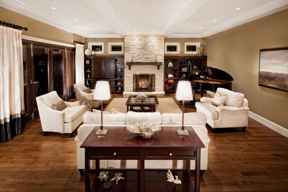 Traditional Beige Living Room With White & Brown Furniture