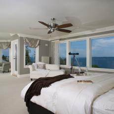 Large Neutral Contemporary Master Bedroom With Ocean View