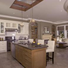 Contemporary Neutral Kitchen With Island, Leather Bar Chairs
